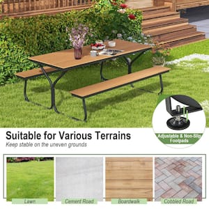 72 in. Brown Rectangle Plastic Picnic Table Bench Set HDPE Heavy-Duty Table for 6-8 Person Total Load Capacity 2,200 lb.