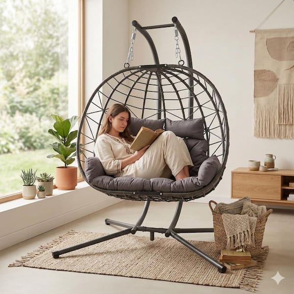 2-Person Double Wicker Hanging Egg Chair with Stand for Outdoor