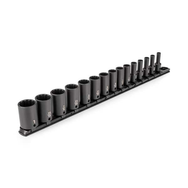 3/8 Inch Drive Semi-Deep 12-Point Impact Socket Set with Rail, 15-Piece (1/4-1 in. )