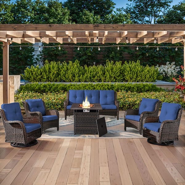 ArcoBay 6-Piece Brown Wicker Patio Square Fire Pit Conversation Set with Navy Blue Cushions and Swivel Rocking Chairs