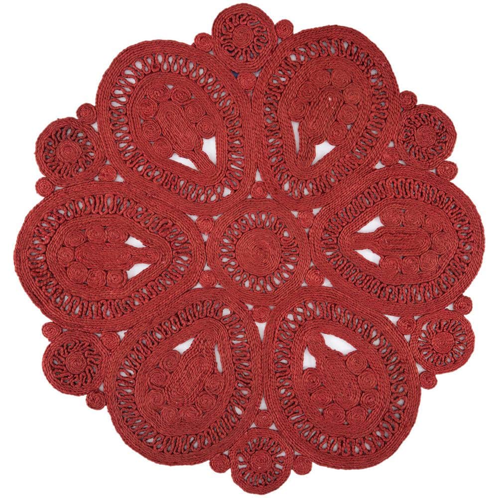 Handmade Red Jute Round Non-slip Area Rug