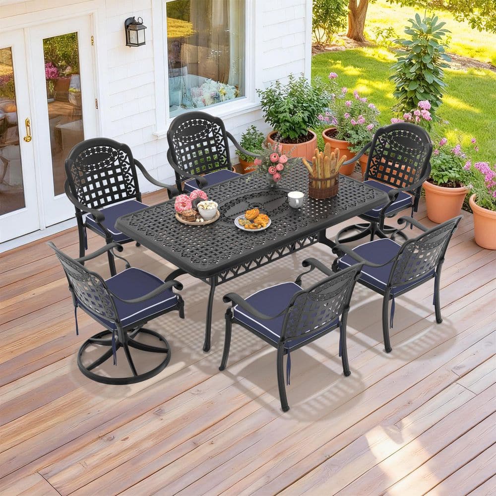 Black 7-Piece Cast Aluminum Outdoor Dining Set with Blue Cushions with Dining Chairs, Swivel Rockers and Dining Table price history on PriceWatchPro