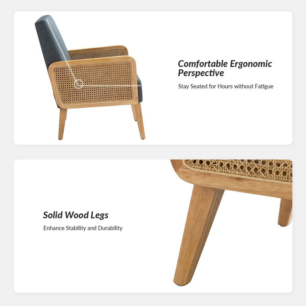 Handcrafted Blue Velvet Accent Chair with Rattan Armrests
