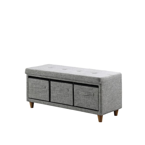 ORE International 17.5 in. Appleby Slate Gray Tufted Bench with Storage Basket Drawers