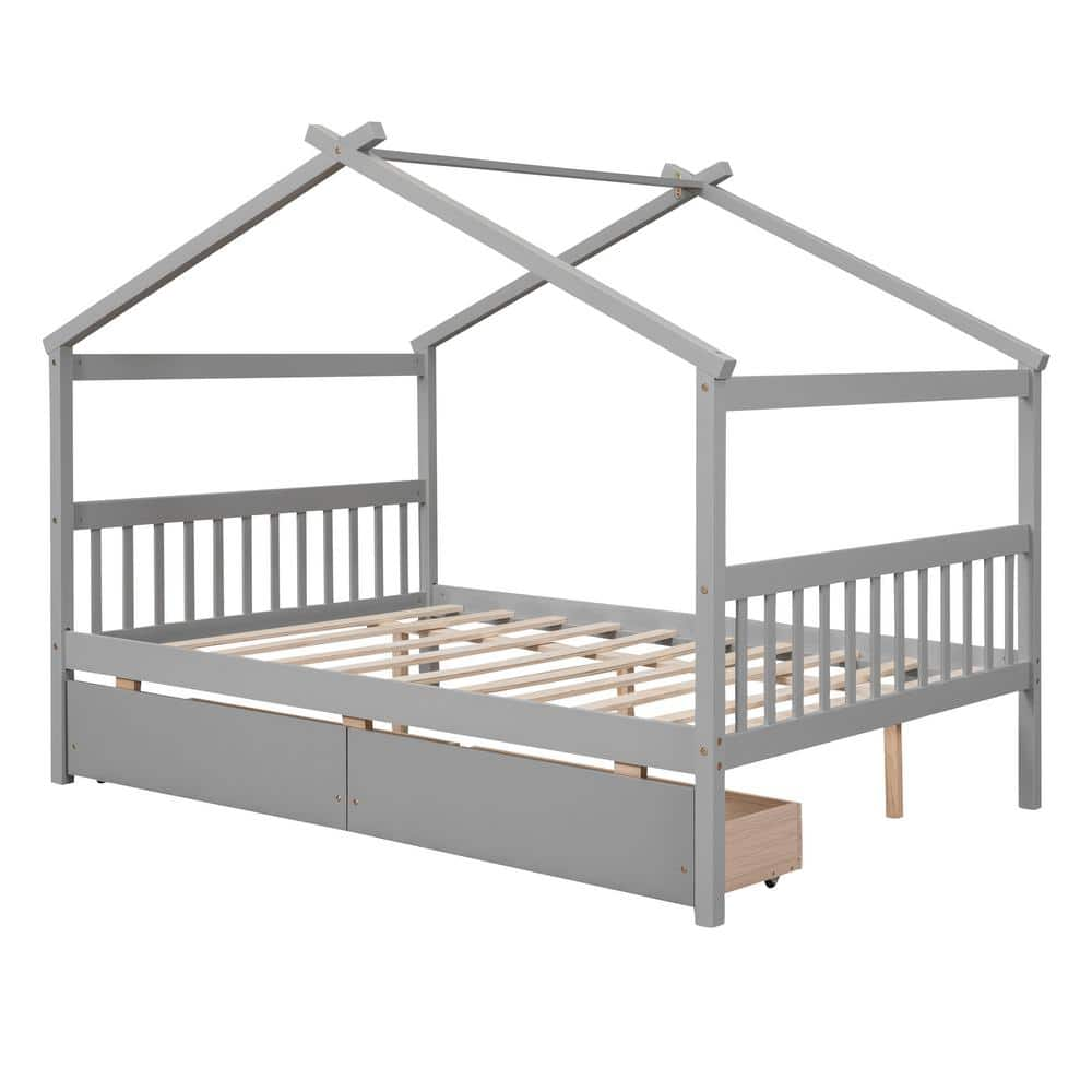 Harper & Bright Designs Gray Full Size Wood House Bed, Kids Bed with 2 ...