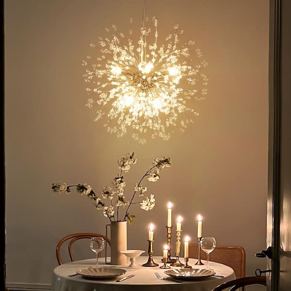 Eli 8-Light Dimmable Chrome Starburst Sphere Chandelier with 32 Crystal Strands