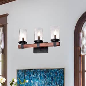 18 in. 3-Lights Black and Wood Rustic Vanity Light with Seeded Glass Shades