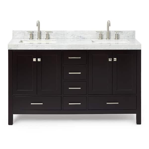 Cambridge 60 in. Double Sink Freestanding Bathroom Vanity in Espresso with Carrara White Marble Top