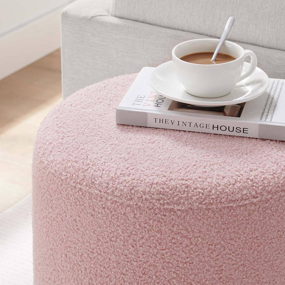Blossom Pink Sherpa Upholstered Round Ottoman with Rubberwood Base