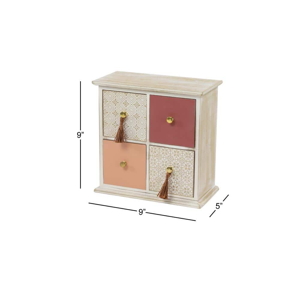 Whitewashed Boho Chic 4-Drawer Wood Jewelry Box with Tassel Knobs