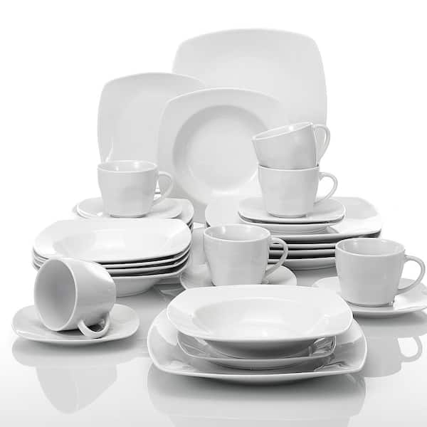 MALACASA Square Dinnerware Sets, 60-Piece Ivory White