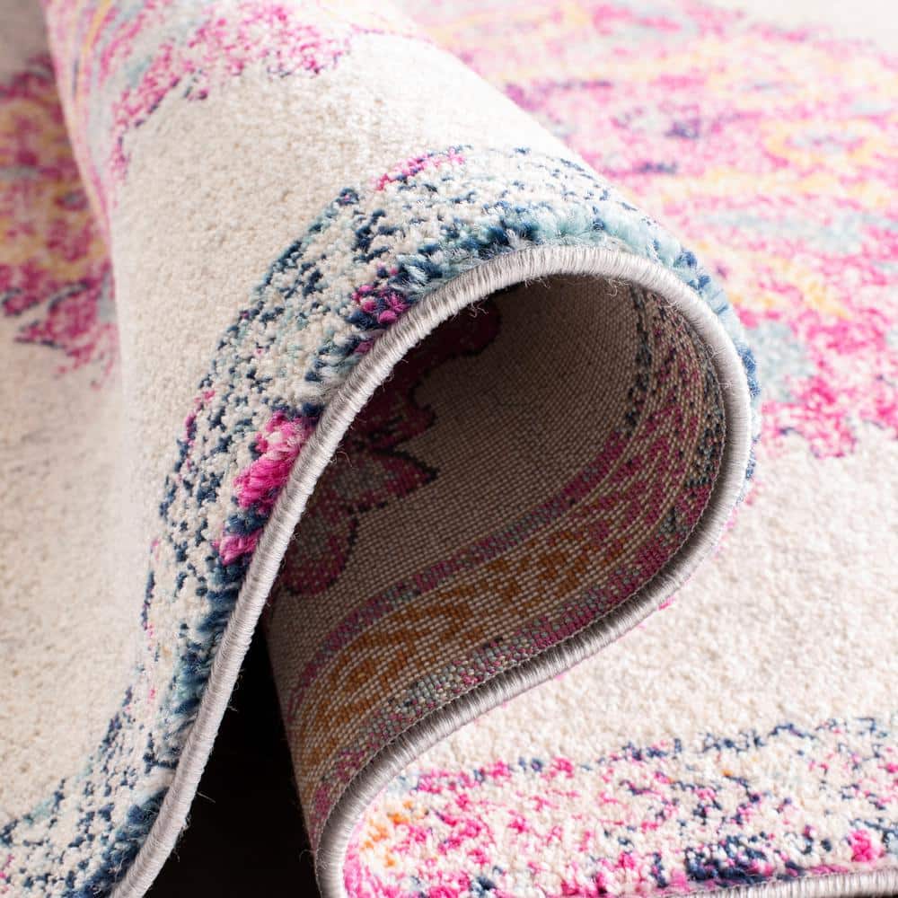 Ivory and Fuchsia Distressed Medallion 8' x 10' Area Rug