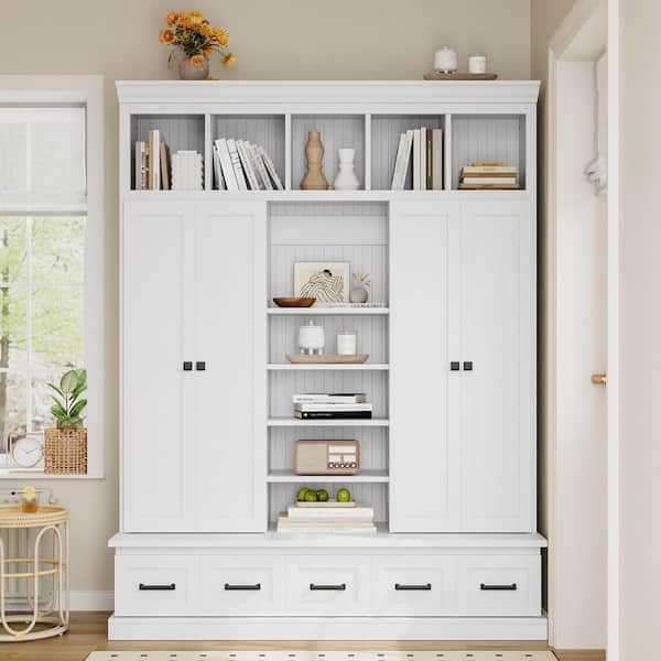 Harper & Bright Designs White 78.7 in. H Entryway 4-Door Hall Tree with Storage Cubbies, Adjustable Shelves, Bench, 5 Drawers