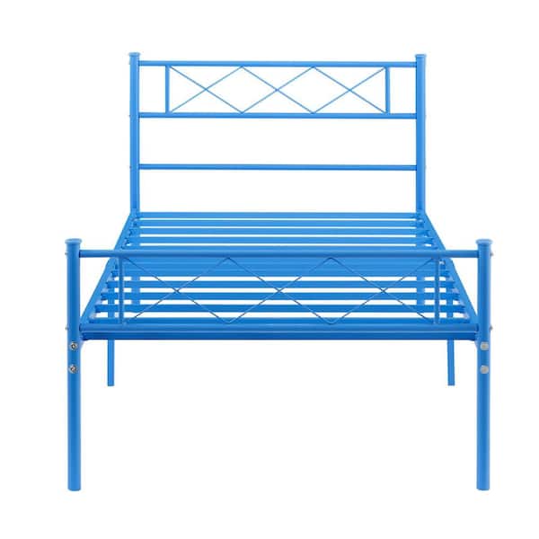VECELO Blue Twin Metal Bed Frame For Kids, Metal Platform Bed with Headboard and Footboard, Metal Slat Support, Kids Bed