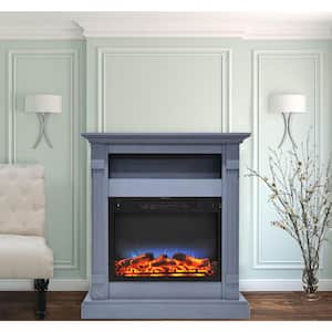 Sienna 34 in. Freestanding Electric Fireplace with Storage Shelf and LED Multicolor Flame Insert with Logs in Slate Blue