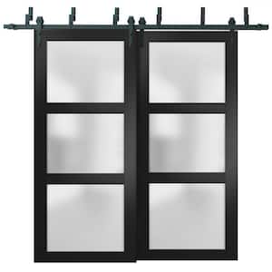 2552 36 in. x 80 in. 3 Panel Black Finished Pine Wood Sliding Door with Bypass Barn Hardware