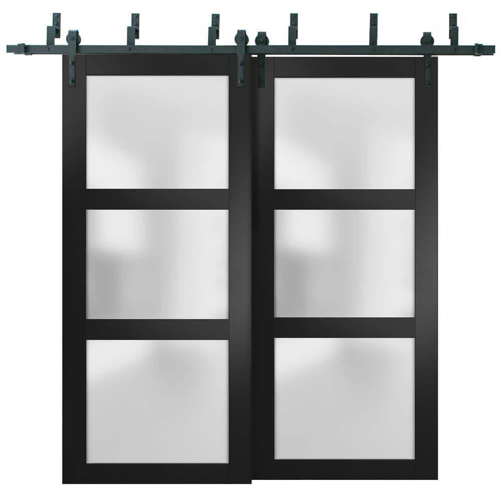 2552 48 in. x 80 in. 3 Panel Black Finished Pine Wood Sliding Door with Bypass Barn Hardware price history on PriceWatchPro