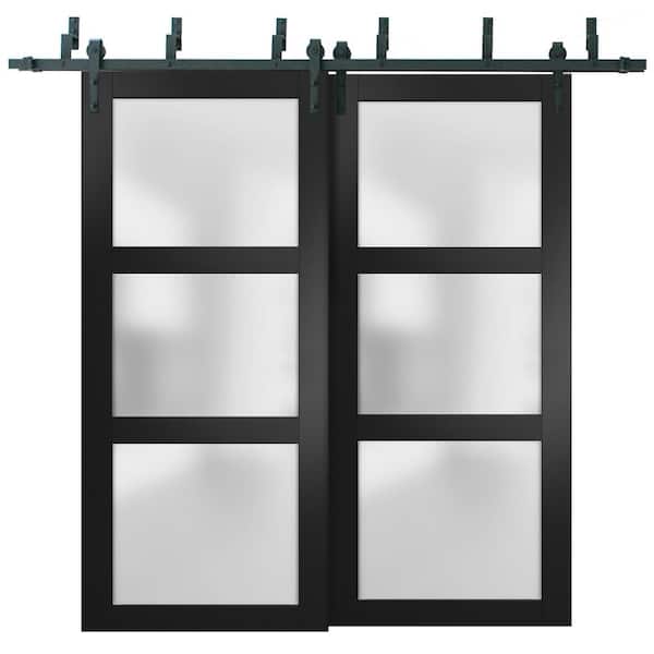 Sartodoors 2552 48 in. x 96 in. 3 Panel Black Finished Pine Wood Sliding Door with Bypass Barn Hardware