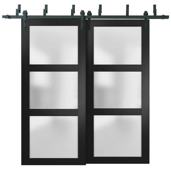 Sartodoors 2552 72 in. x 84 in. 3 Panel Black Finished Pine Wood Sliding Door with Bypass Barn Hardware