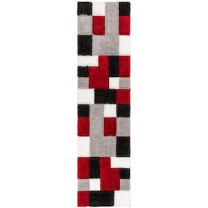 San Francisco Escondido Red Modern Geometric Squares 2 ft. 7 in. x 9 ft. 10 in. 3D Carved Shag Runner Rug