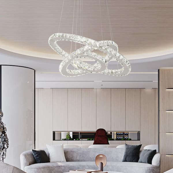 Jefferson 3-Light 21.7 in. Integrated LED Chrome Crystal Modern Tiered Dimmable Chandeliers Living Foyer Lighting