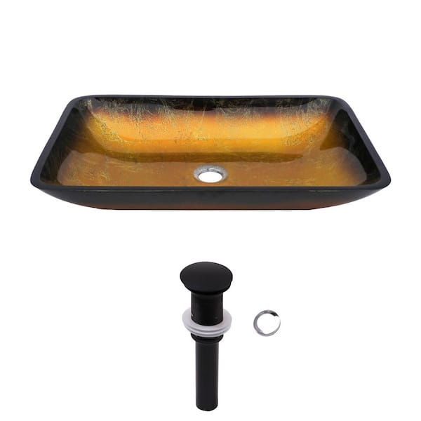 22.24 in. W x 14.17 in. D Above Countertop Rectangular Bathroom Glass Vessel Sink with Drainer in Golden Yellow