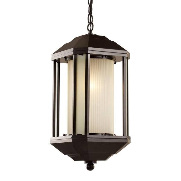 Bel Air Lighting 1-Light Outdoor Rubbed Oil Bronze Hanging Lantern With Ribbed Glass