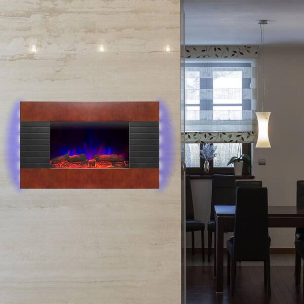AKDY 36 in. Wall Mount Electric Fireplace Heater in Wooden Brown with Tempered Glass, Pebbles, Logs and Remote Control