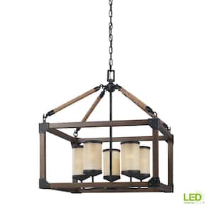 Dunning 5-Light Weathered Gray and Distressed Oak Rustic Farmhouse Single Tier Hanging Chandelier with LED Bulbs