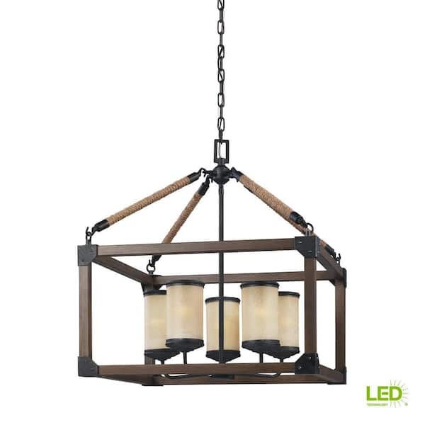 Generation Lighting Dunning 5-Light Weathered Gray and Distressed Oak Rustic Farmhouse Single Tier Hanging Chandelier with LED Bulbs