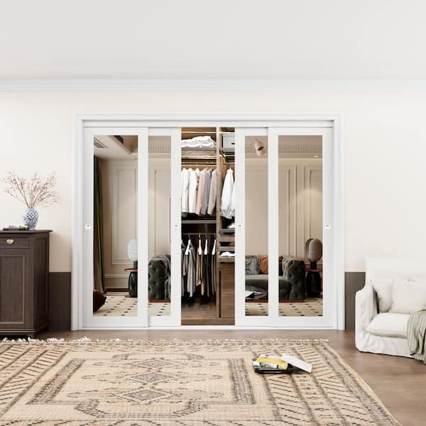 96 in. x 80 in. 1-Lite Mirror Glass White Finished MDF Interior Closet Sliding Door with Hardware and Handles