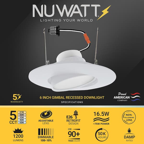 6-pack 6 in. LED White Adjustable Retrofit Recessed Housing 5 CCT 2700K-5000K IC Rated Remodel Dimmable E26 Connector