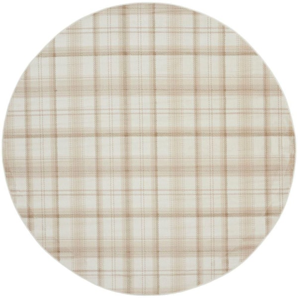 Nourison Grafix Ivory Beige 8 ft. x 8 ft. Plaid Contemporary Round Area Rug