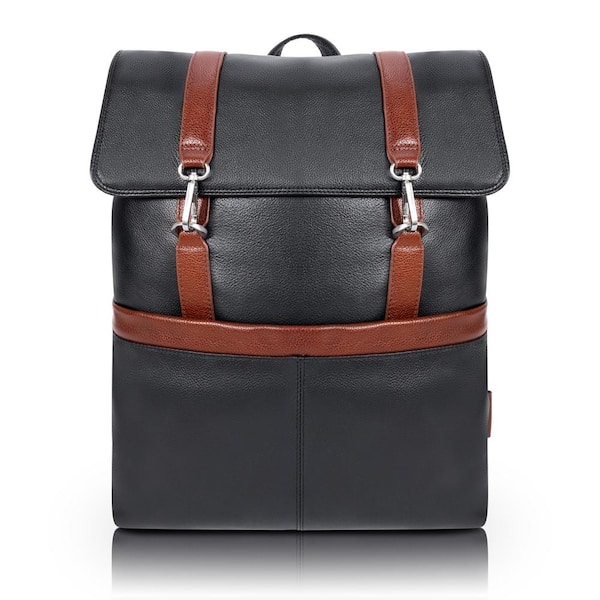 McKLEIN ELEMENT, Pebble Grain Calfskin Leather, 17 in. 2-Tone, Flap-Over, Laptop and Tablet Backpack, Black (18472)