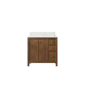 Chicago Veneer 36 in. W x 22 in. D x 36 in. H Left Sink Bath Vanity in Dark Natural with 1.5 in. Calacatta Laza Qt. Top