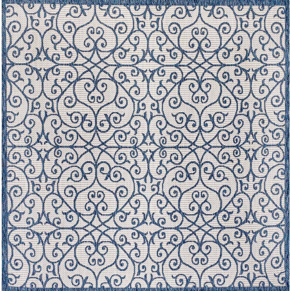 Madrid Blue and Cream Filigree Square Indoor/Outdoor Rug