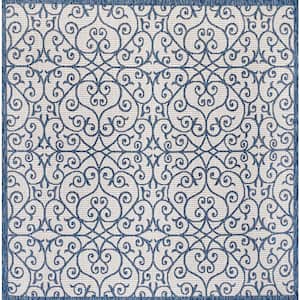 Madrid Vintage Filigree Textured Weave Cream/Blue 5 ft. Square Indoor/Outdoor Area Rug