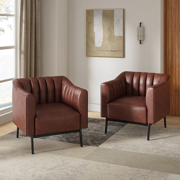 JAYDEN CREATION Curtis Brown Industrial Leather 30 in. Wide Chair with Channel Tufting and Metal Leg (Set of 2)