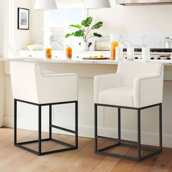 Luna 26 in. Beige Fabric Upholstered Counter Bar Stool with Black Metal Frame Square Counter Stool Set of 2