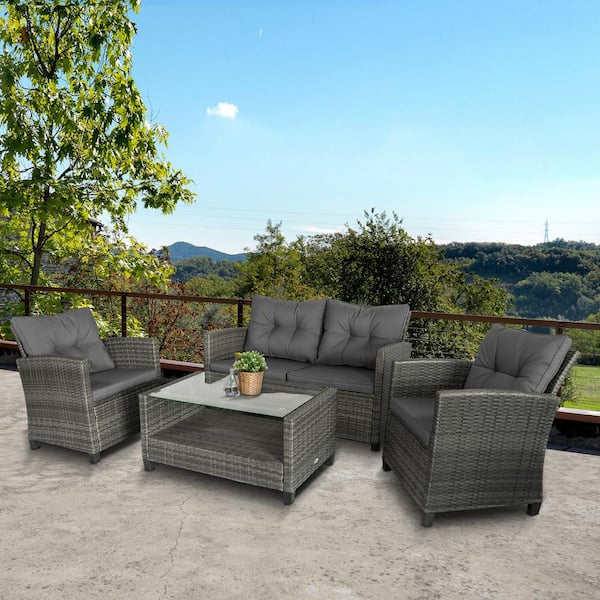 Et centralt værktøj, der spiller en vigtig rolle sneen Secréte Outsunny Grey 4-Piece Iron Plastic Rattan Patio Furniture Set with Grey  Cushions, 2 Single Chairs, 1 Double Sofa, and 1 Tea Table 860-117CG - The  Home Depot