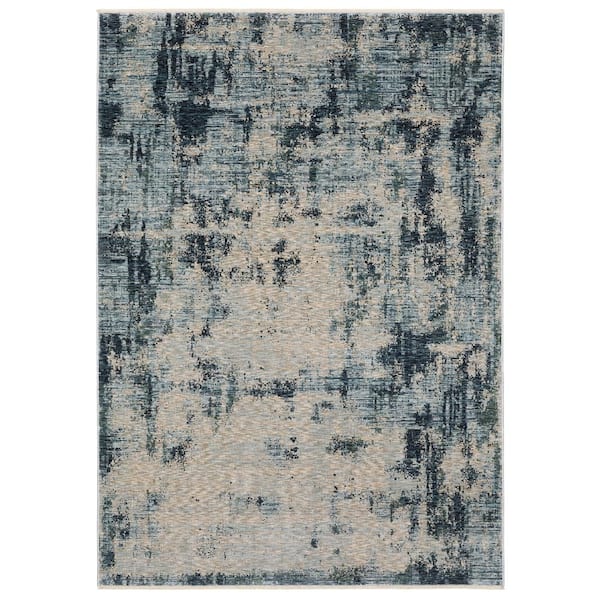 AVERLEY HOME Haven Beige/Blue 5 ft. x 8 ft. Abstract Ethereal Polyester Fringed Indoor Area Rug