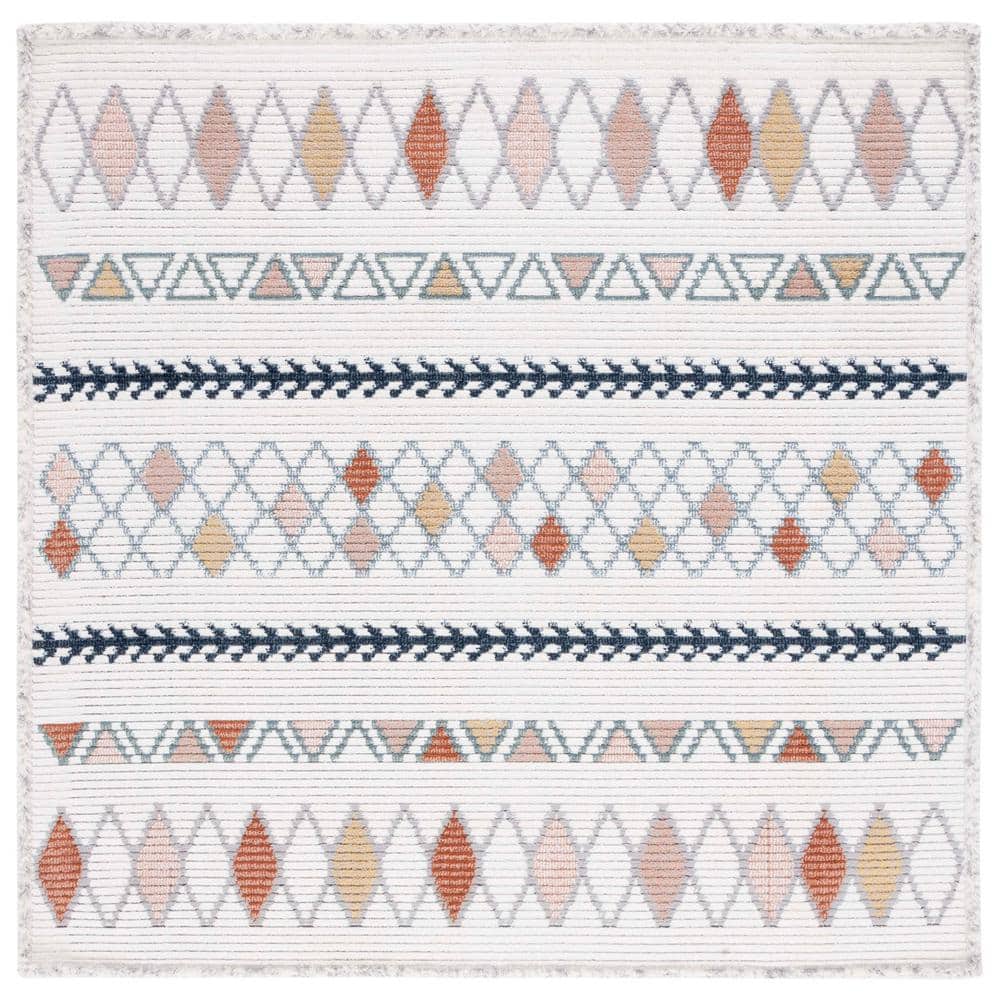 Ivory and Multi Hand-Knotted Square Wool Rug, 6'7"