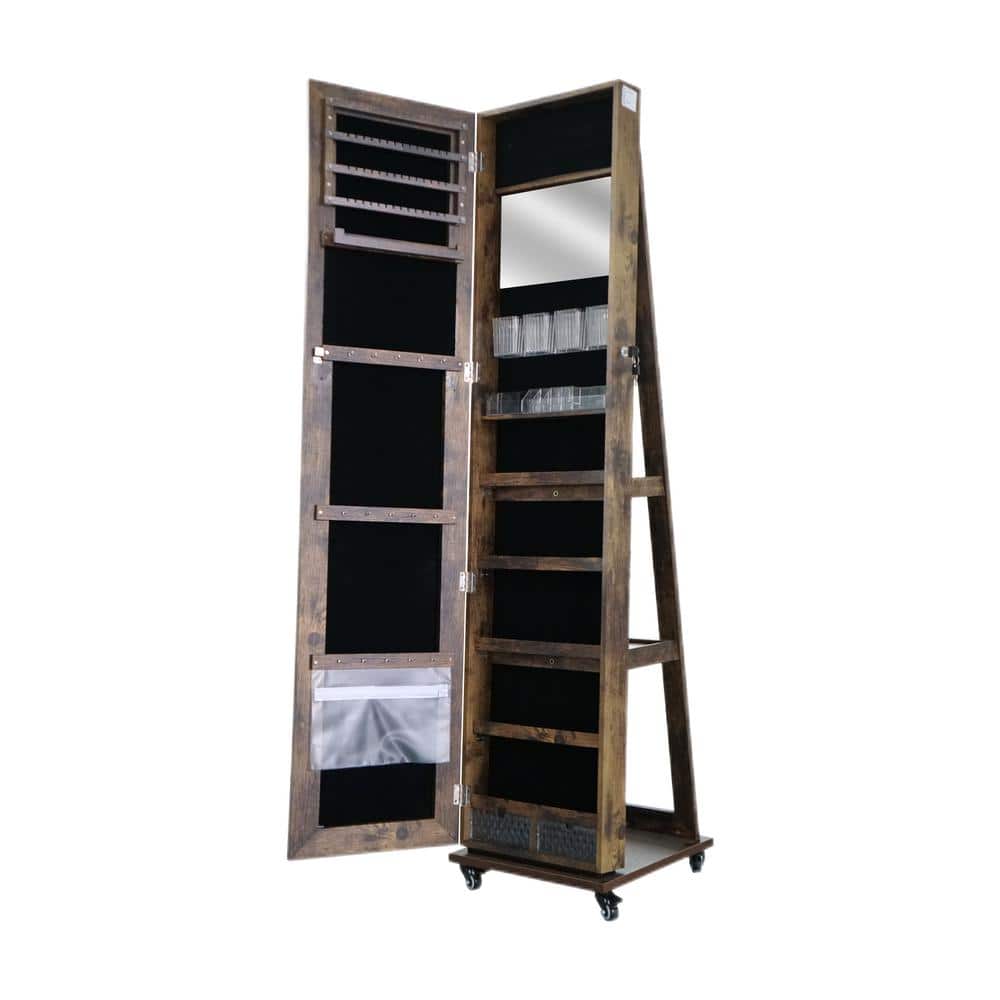 Modern Antique Brown Full Length Mirror 360° Swivel Jewelry Cabinet, with 