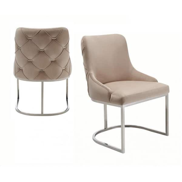 HomeRoots Tufted Beige And Silver Upholstered Velvet Wing Back Side Chair (Set of 2)