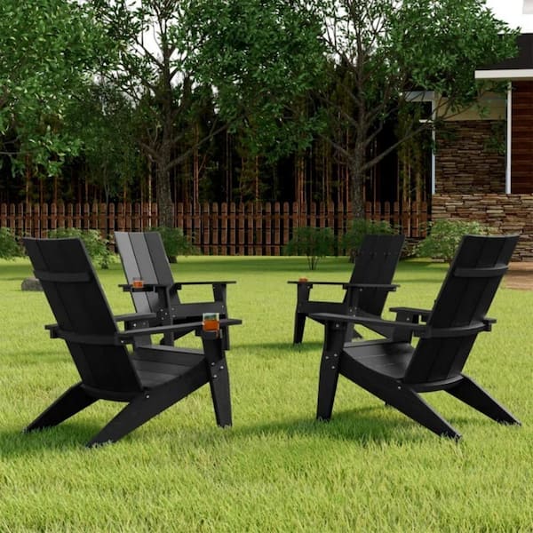 Mximu Black Weather Resistant Plastic Outdoor Patio Adirondack Chair with Cup Holder (set of 4)