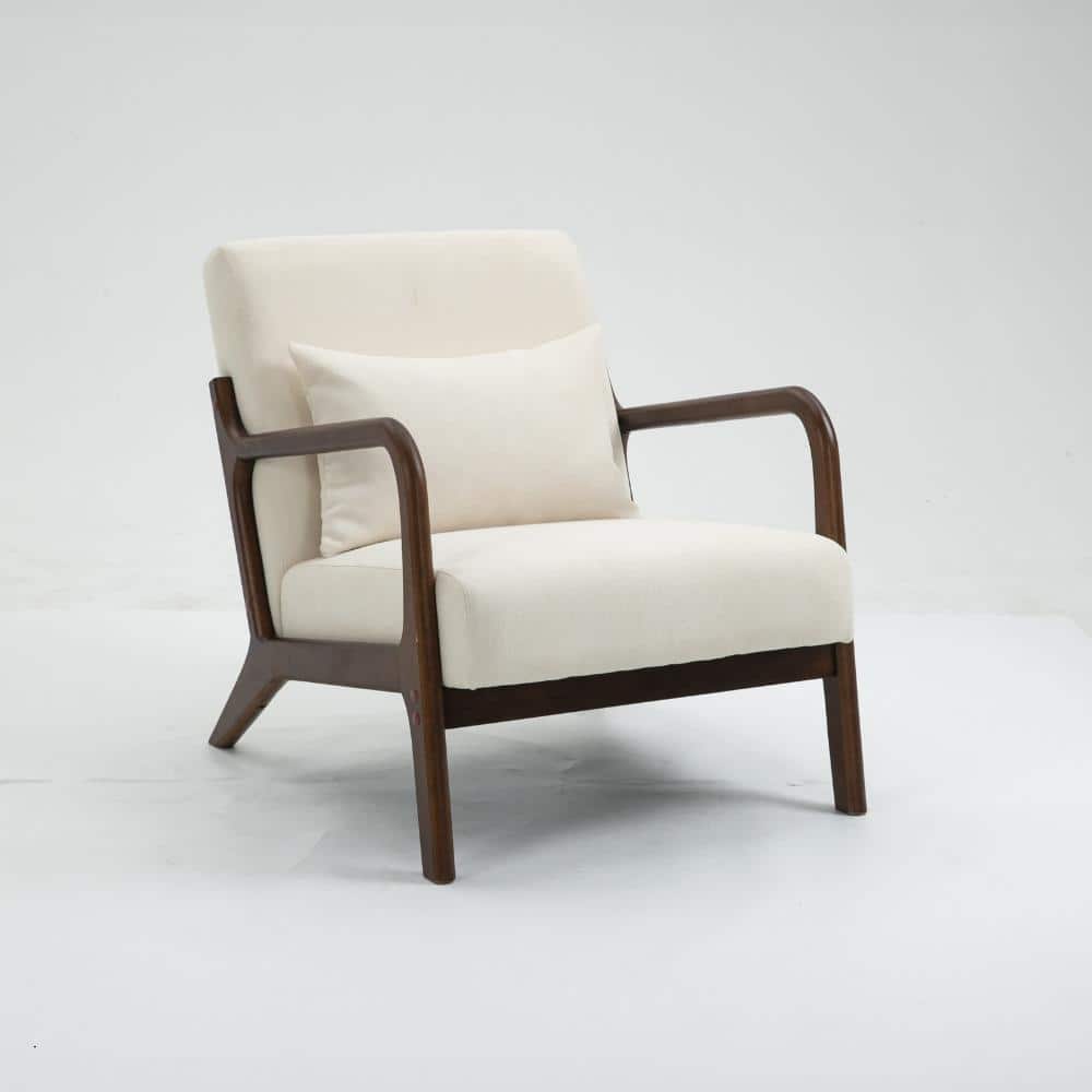 Antique White Cotton Linen Arm Chair with Cushion, Set of 1, Mid-Century Modern Accent Chair with Wood Frame,