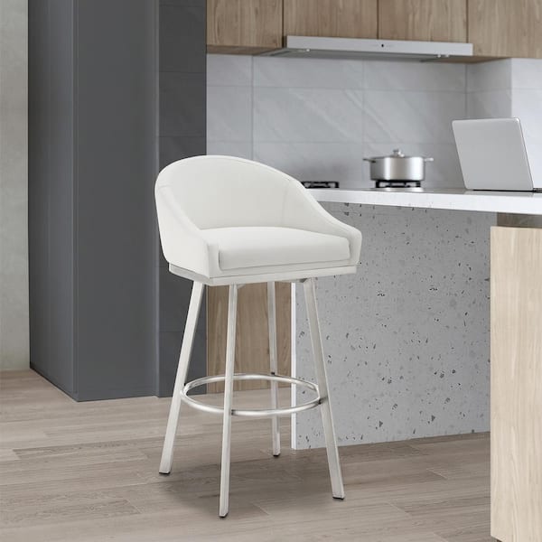 Armen Living Eleanor 26 in. White Low Back Metal Counter Stool with Faux Leather Seat