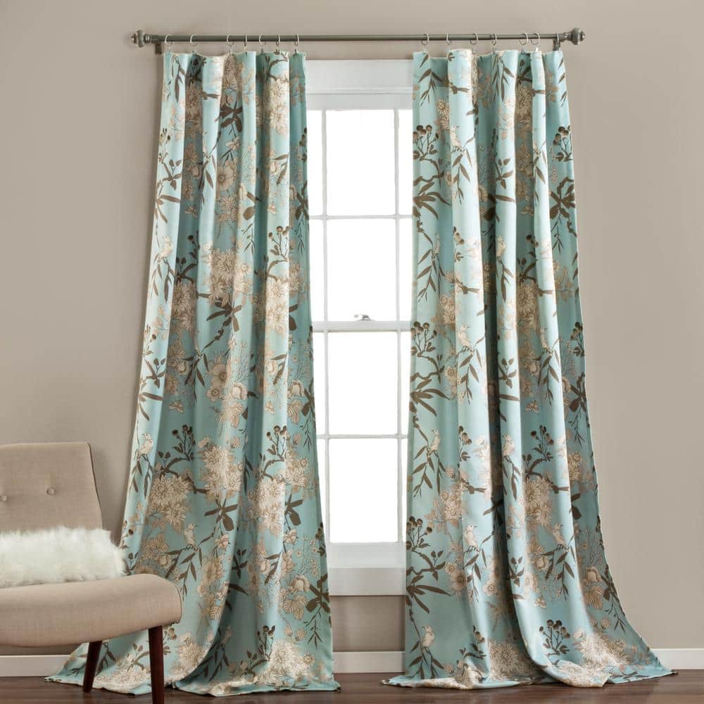 Blue Botanical Garden Polyester Room Darkening Curtain Pair