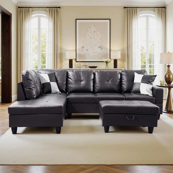 104 in. Straight Arm 3-Piece Luxury Leather L-Shaped Sectional Sofa Set in. Black, Modern Couches with Storage Ottoman