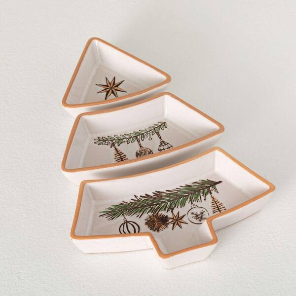 SULLIVANS 11.75 in. White Ceramic Novelty 3-Piece Scandi Christmas Tree Dip Platter, Multicolor